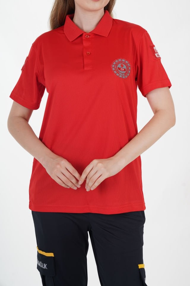 112 Acil Çağrı Merkezi Kırmızı Polo Yaka Comfort T-shirt (Unisex-Fileli)