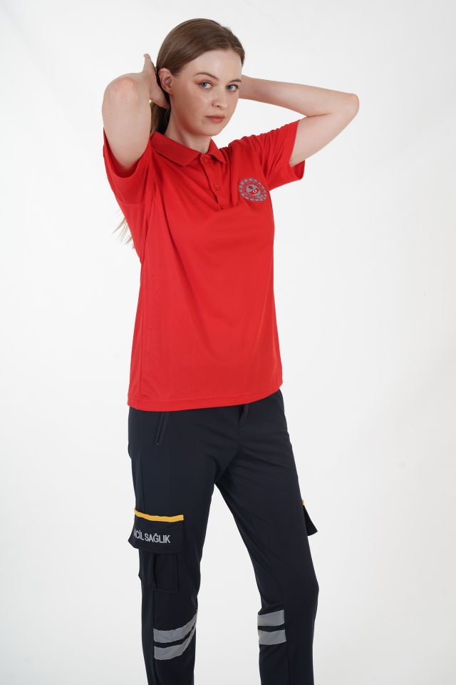 112 Acil Çağrı Merkezi Kırmızı Polo Yaka Comfort T-shirt (Unisex-Fileli)