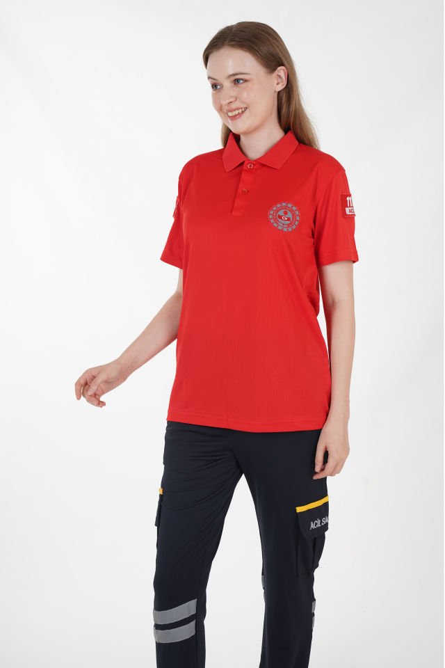 112 Acil Çağrı Merkezi Kırmızı Polo Yaka Comfort T-shirt (Unisex-Fileli)