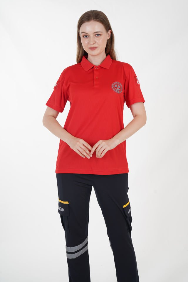 112 Acil Çağrı Merkezi Kırmızı Polo Yaka Comfort T-shirt (Unisex-Fileli)