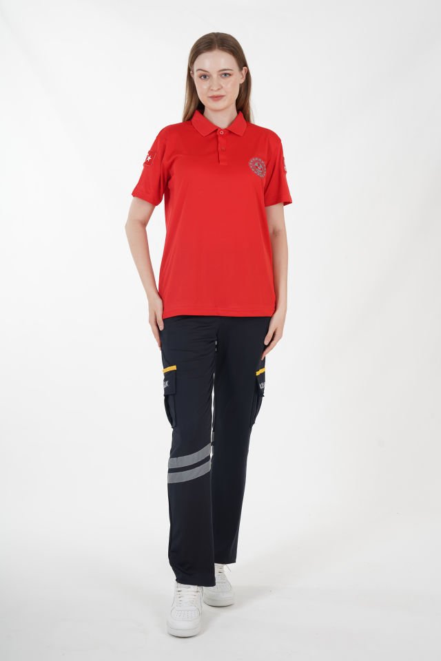 112 Acil Çağrı Merkezi Kırmızı Polo Yaka Comfort T-shirt (Unisex-Fileli)