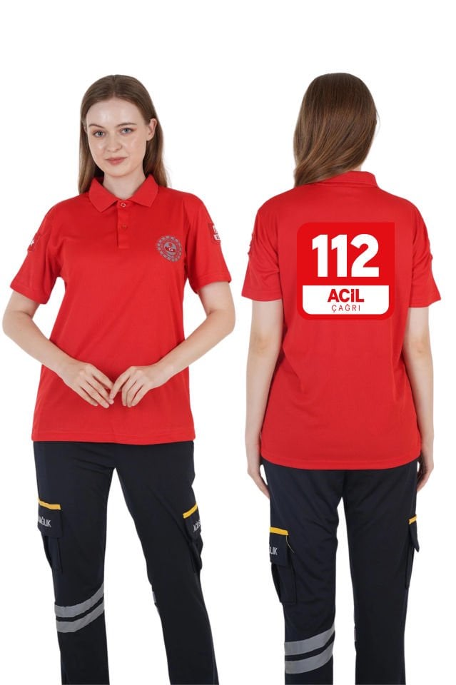 112 Acil Çağrı Merkezi Kırmızı Polo Yaka Comfort T-shirt (Unisex-Fileli)