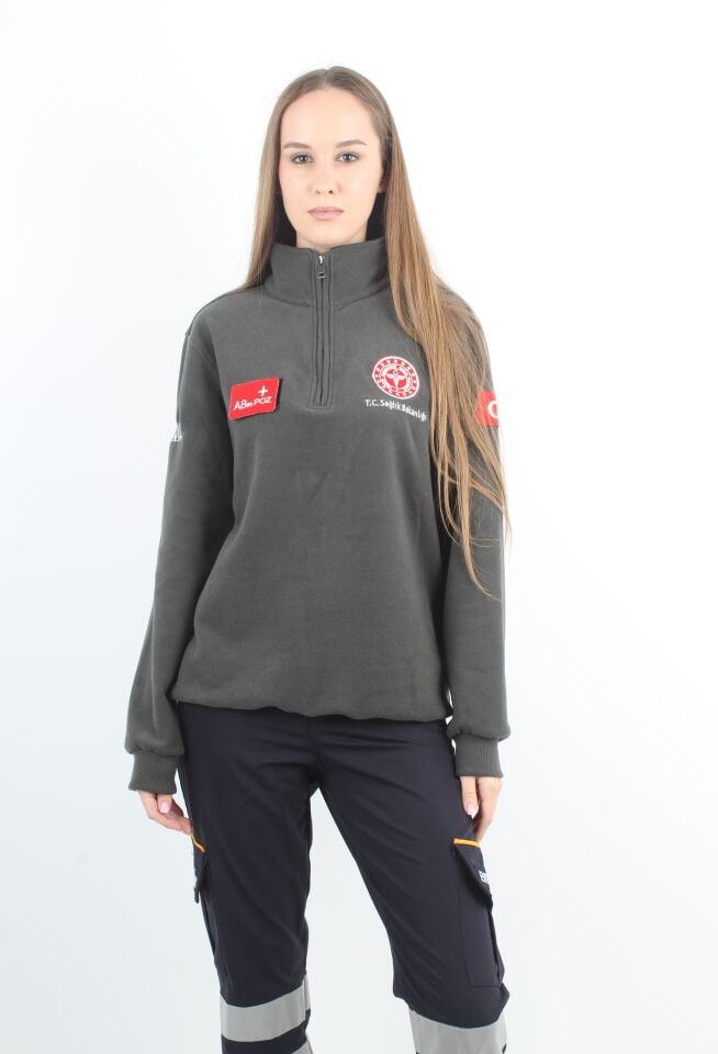 Sağlık Bakanlığı 112 Acil Sağlık Haki Yeşili Fermuarlı Swit (Örme Kumaş-Unisex)