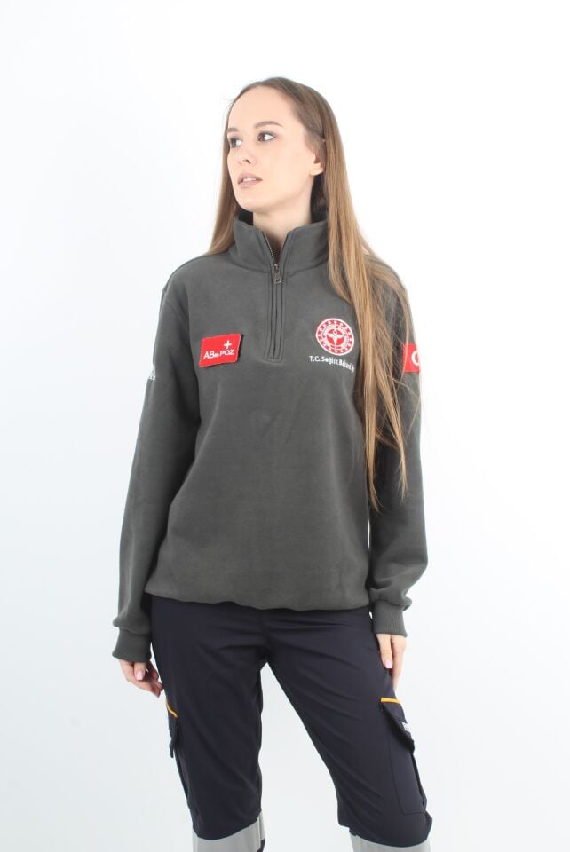 Sağlık Bakanlığı 112 Acil Sağlık Haki Yeşili Fermuarlı Swit (Örme Kumaş-Unisex)