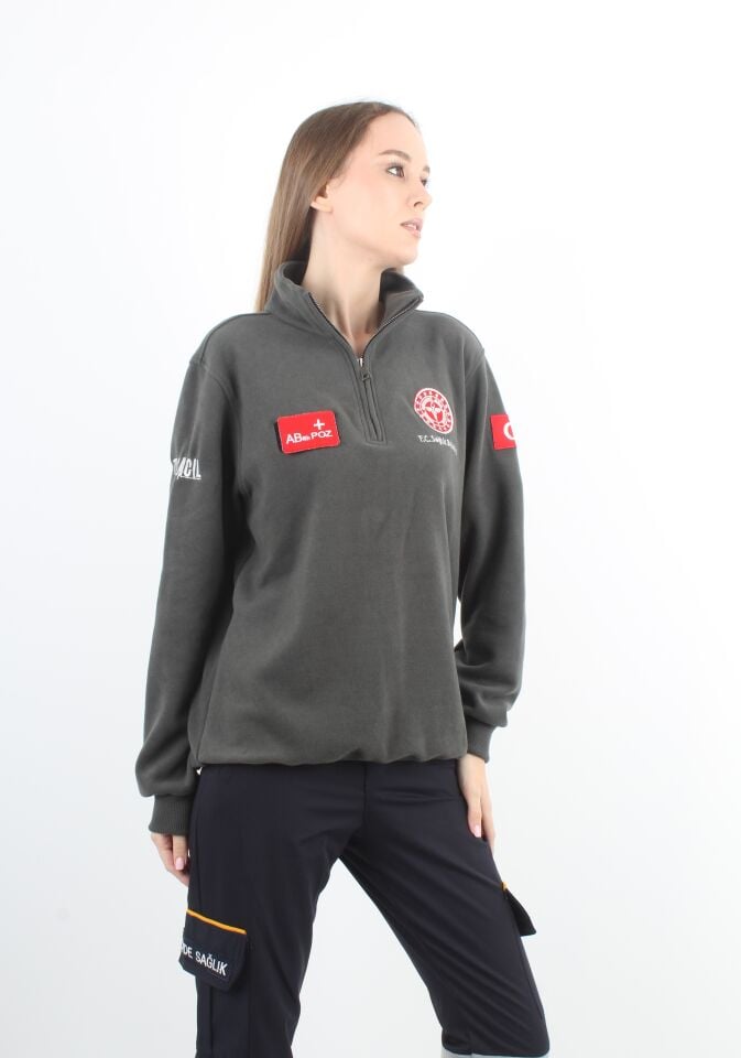 Sağlık Bakanlığı 112 Acil Sağlık Haki Yeşili Fermuarlı Swit (Örme Kumaş-Unisex)