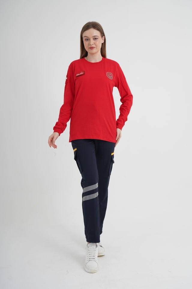 Evde Sağlık Kırmızı Uzun Kollu Penye T-shirt (Unisex)