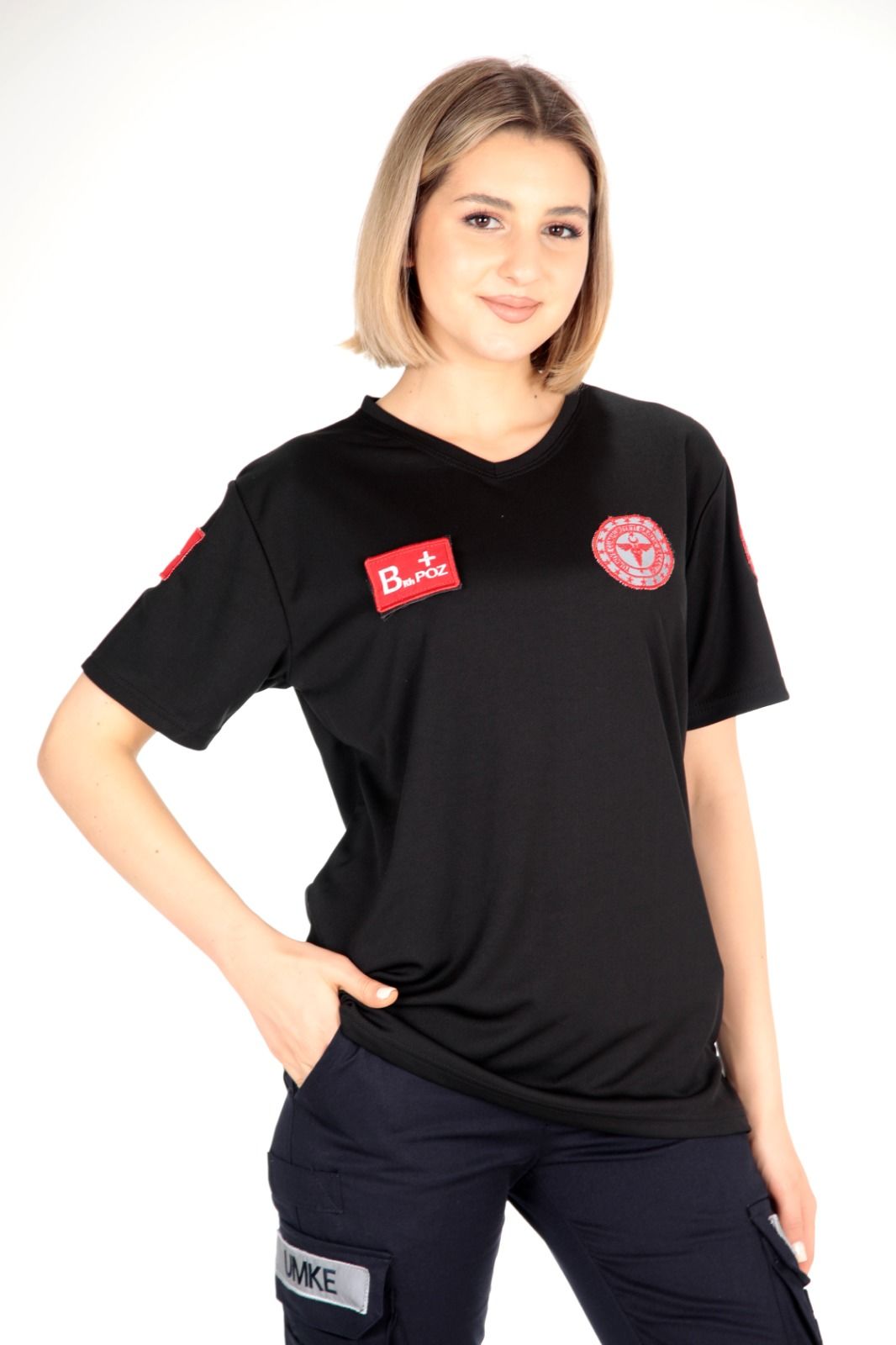 112 Acil Sağlık Siyah V Yaka Comfort T-shirt (Fileli-Unisex)