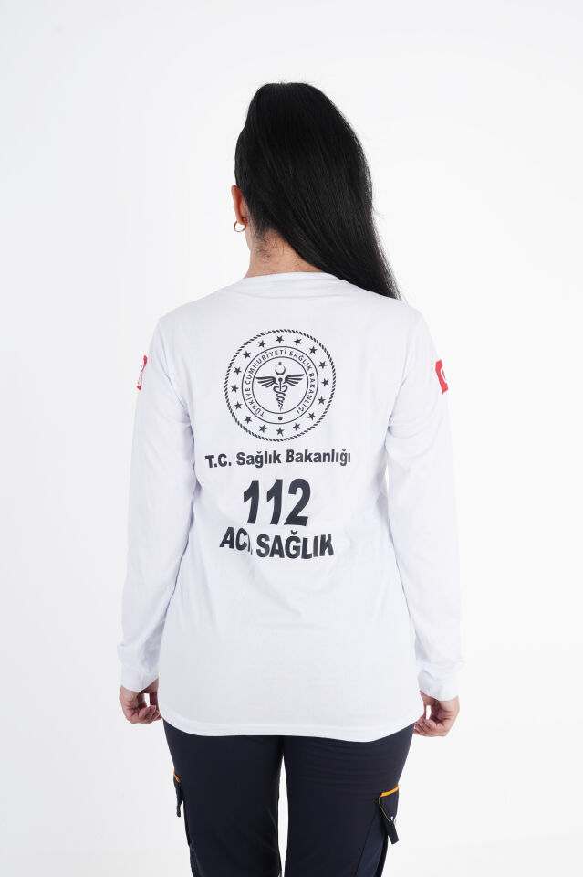Sağlık Bakanlığı 112 Acil Beyaz Penye Uzun Kol T-shirt (Unisex)