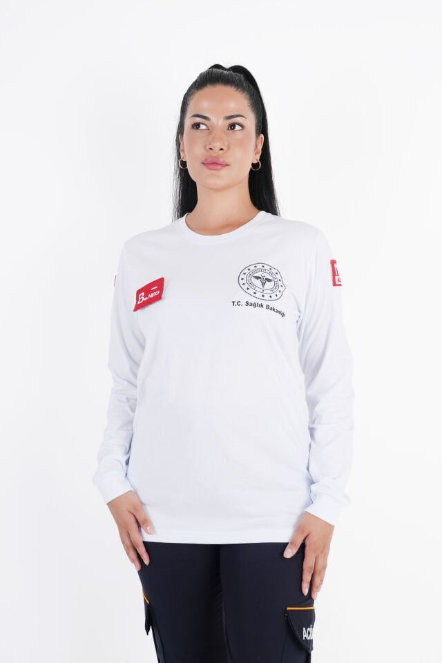 Sağlık Bakanlığı 112 Acil Beyaz Penye Uzun Kol T-shirt (Unisex)
