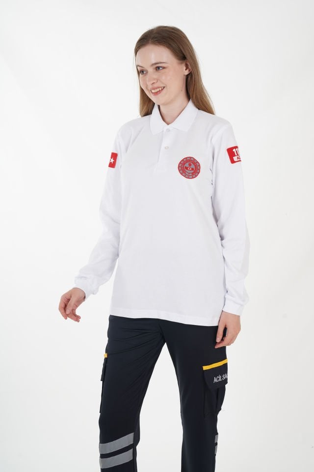 112 Acil Çağrı Merkezi Beyaz Lacost Uzun Kollu T-shirt (Unisex)