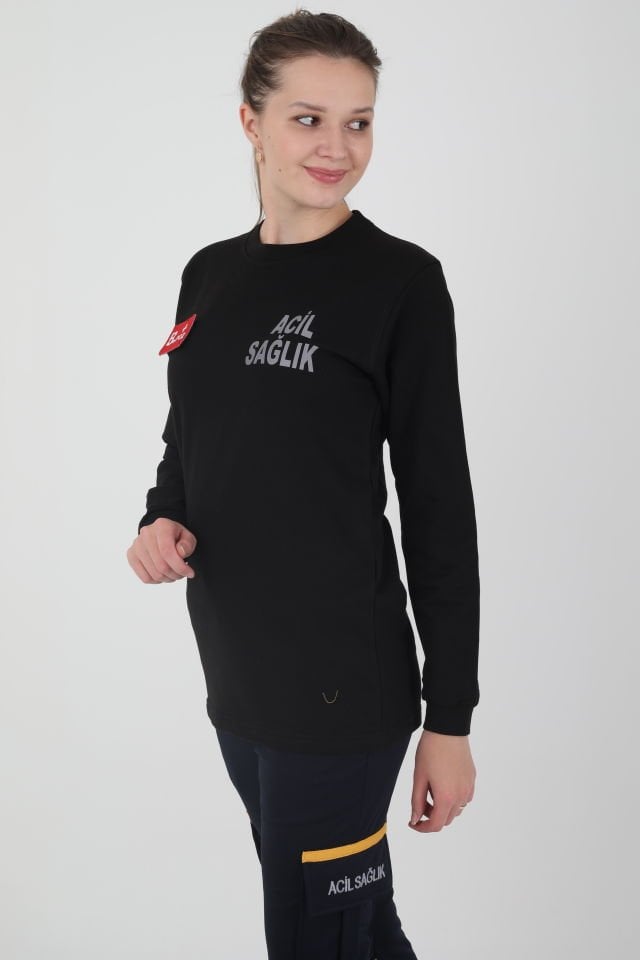 Acil Sağlık Siyah Sıfır Yaka Swit (Unisex-2 İplik)