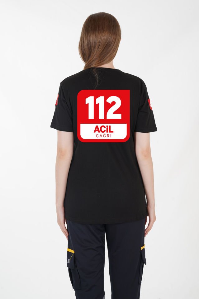 112 Acil Çağrı Merkezi Siyah Penye T-shirt (Unisex)