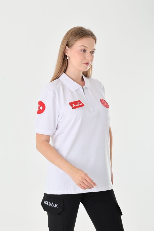 YENİ 112 Acil Sağlık Beyaz Fermuarlı Penye T-shirt (Unisex)