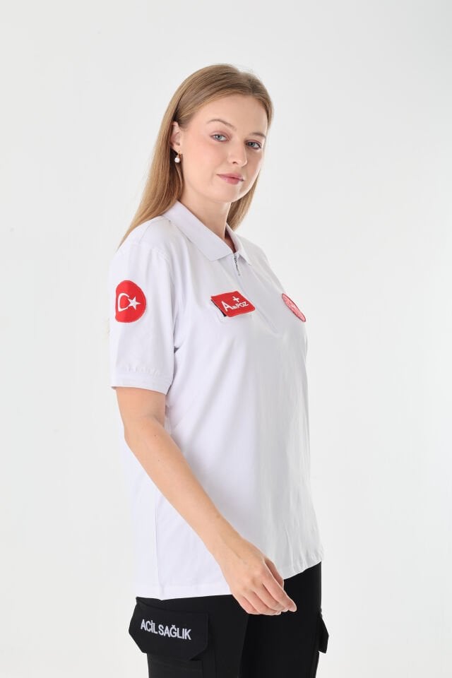 YENİ 112 Acil Sağlık Beyaz Fermuarlı Penye T-shirt (Unisex)