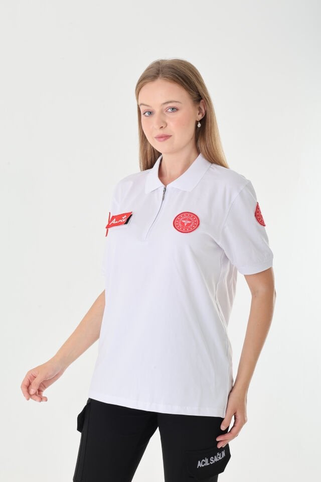 YENİ 112 Acil Sağlık Beyaz Fermuarlı Penye T-shirt (Unisex)