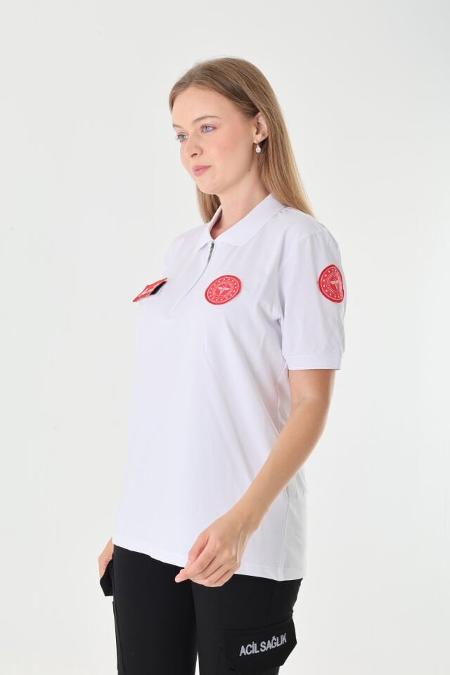 YENİ 112 Acil Sağlık Beyaz Fermuarlı Penye T-shirt (Unisex)