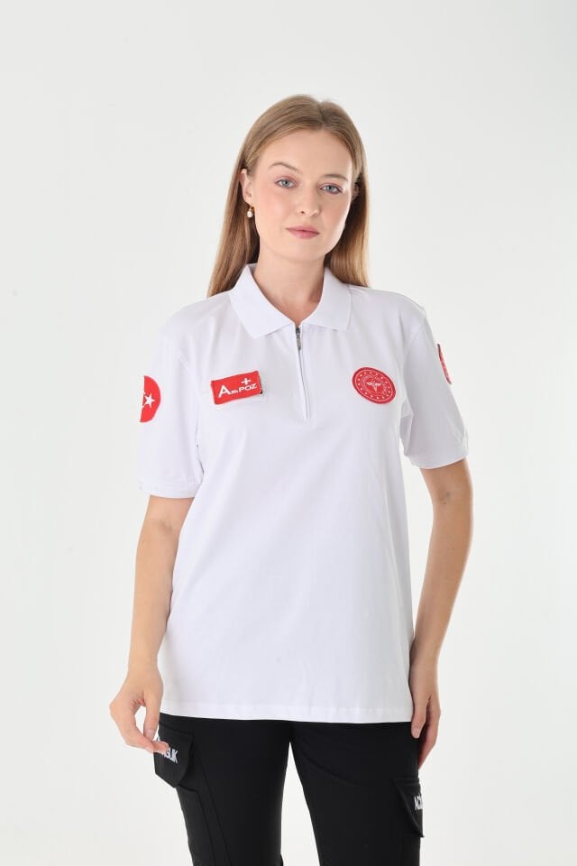 YENİ 112 Acil Sağlık Beyaz Fermuarlı Penye T-shirt (Unisex)