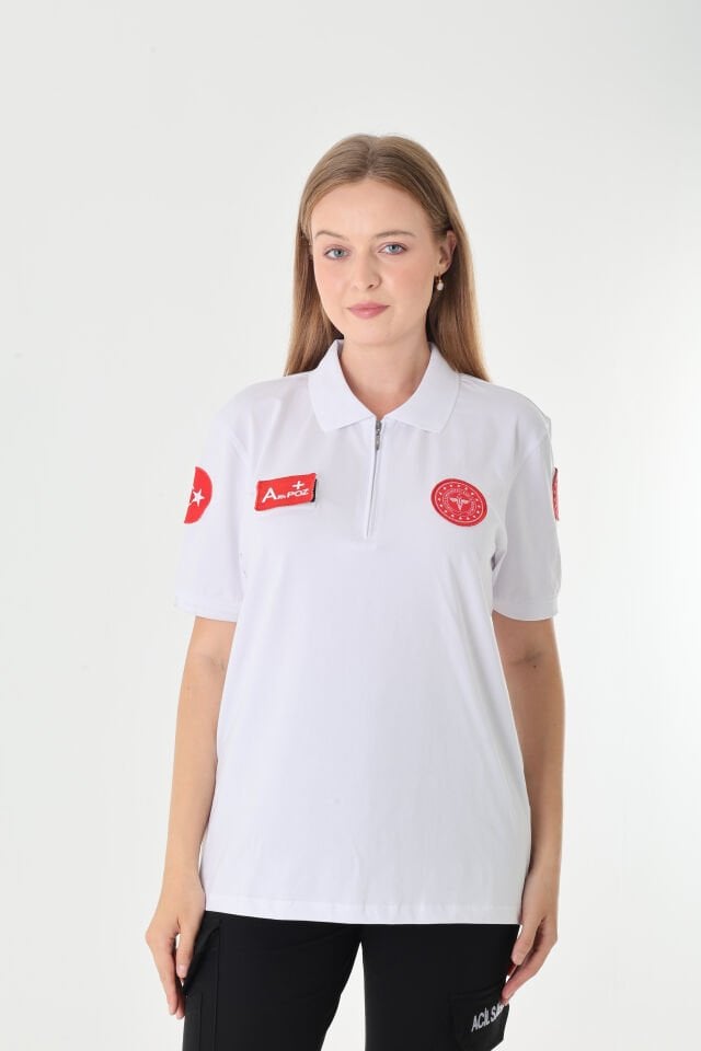 YENİ 112 Acil Sağlık Beyaz Fermuarlı Penye T-shirt (Unisex)