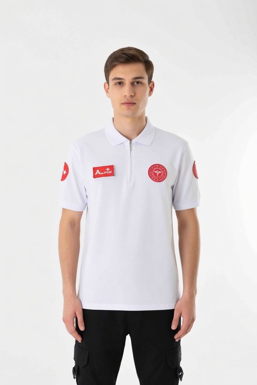 YENİ 112 Acil Sağlık Beyaz Fermuarlı Penye T-shirt (Unisex)