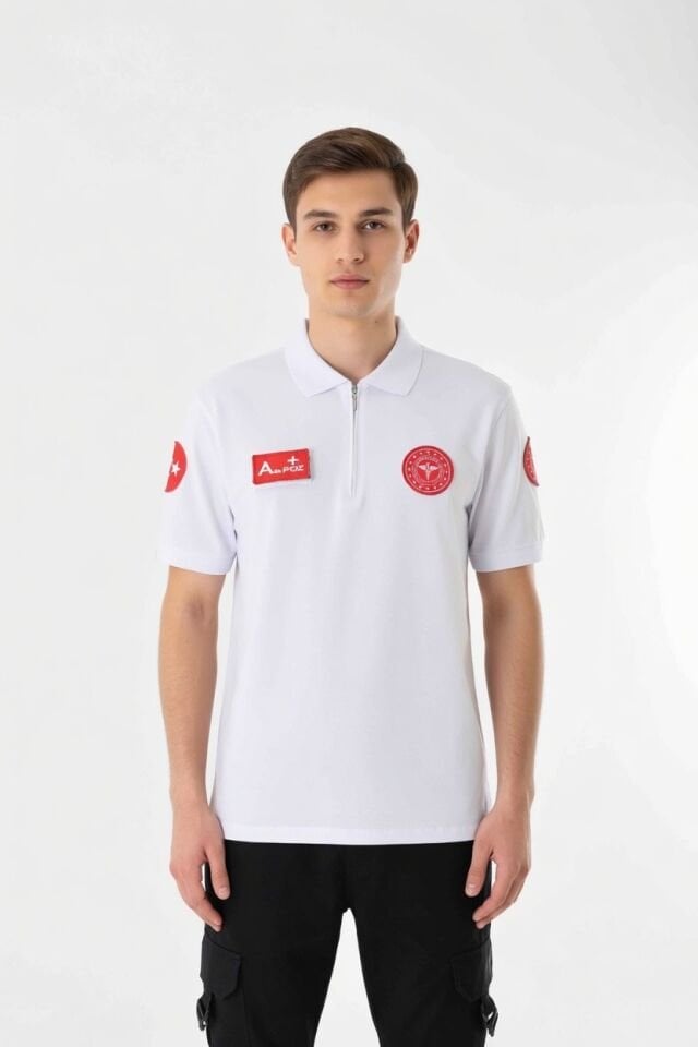 YENİ 112 Acil Sağlık Beyaz Fermuarlı Penye T-shirt (Unisex)