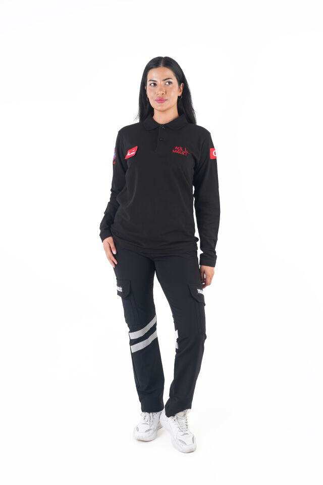 Acil Sağlık Ritimli Siyah Uzun Kollu Lacost T-shirt (Unisex)