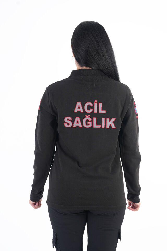 Acil Sağlık Ritimli Siyah Uzun Kollu Lacost T-shirt (Unisex)