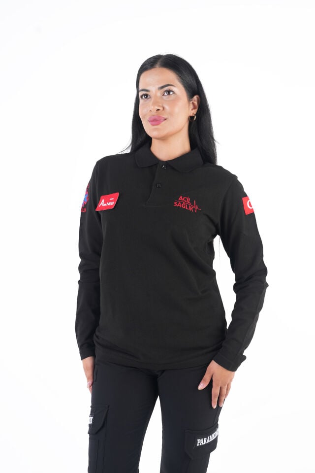 Acil Sağlık Ritimli Siyah Uzun Kollu Lacost T-shirt (Unisex)
