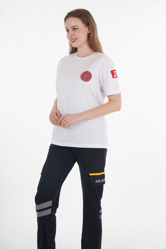 112 Acil Çağrı Merkezi Beyaz Sıfır Yaka Comfort T-shirt (Unisex-Fileli)