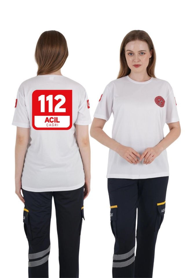 112 Acil Çağrı Merkezi Beyaz Sıfır Yaka Comfort T-shirt (Unisex-Fileli)