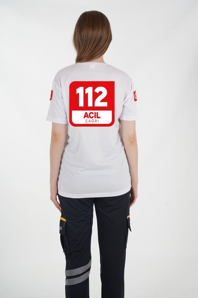 112 Acil Çağrı Merkezi Beyaz Sıfır Yaka Comfort T-shirt (Unisex-Fileli)