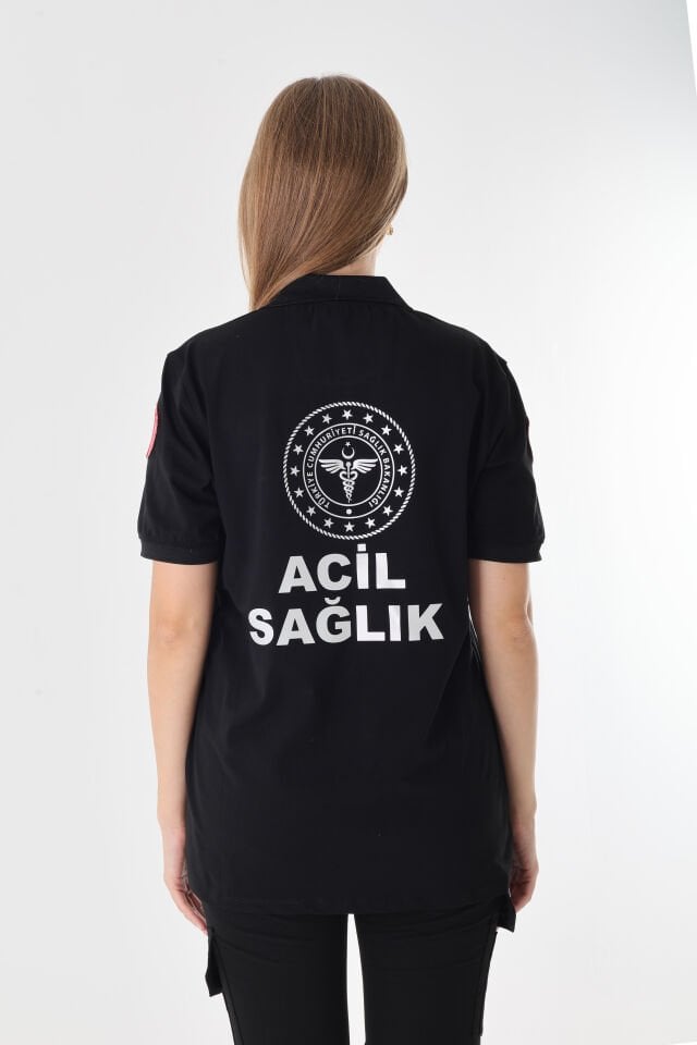 YENİ 112 Acil Sağlık Siyah Fermuarlı Penye T-shirt (Unisex)