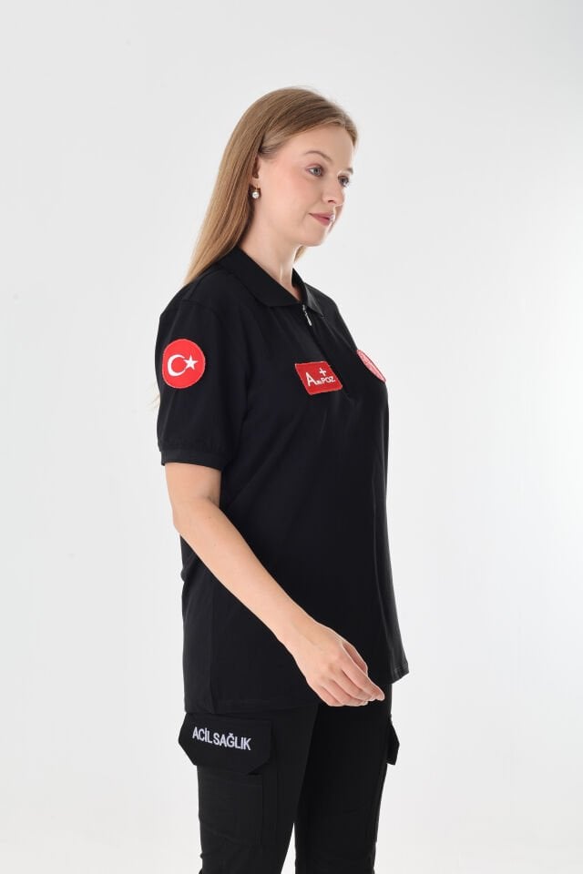 YENİ 112 Acil Sağlık Siyah Fermuarlı Penye T-shirt (Unisex)