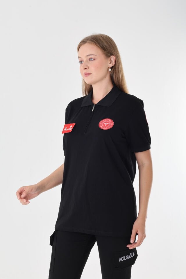 YENİ 112 Acil Sağlık Siyah Fermuarlı Penye T-shirt (Unisex)