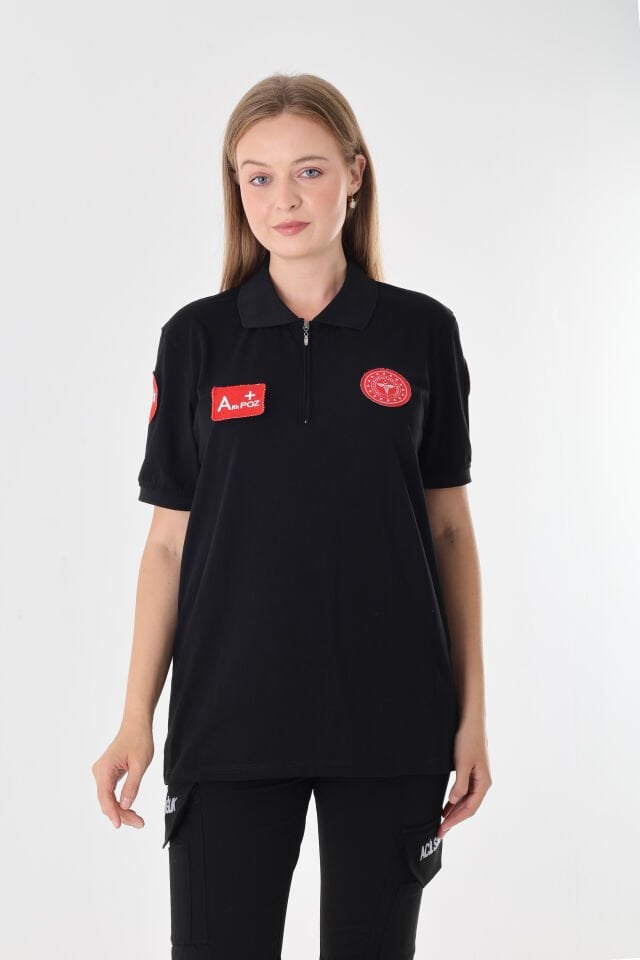 YENİ 112 Acil Sağlık Siyah Fermuarlı Penye T-shirt (Unisex)
