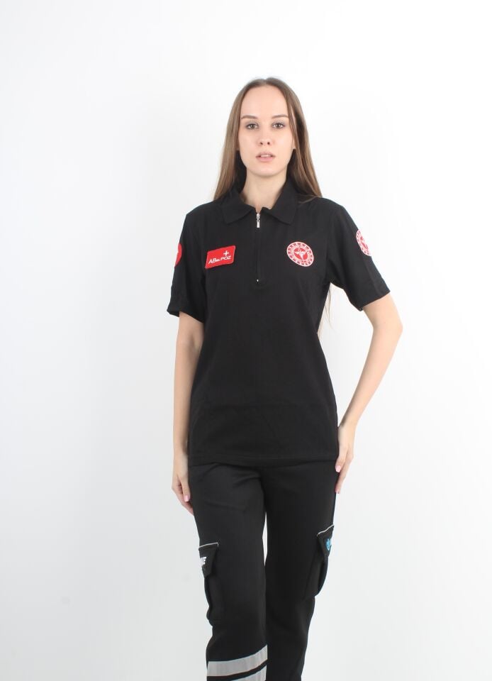 112 Acil Sağlık Siyah Fermuarlı Penye T-shirt (Unisex)