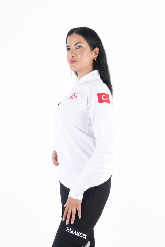 Acil Sağlık Ritimli Beyaz Lacost Uzun Kollu T-shirt (Unisex)