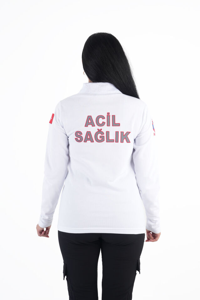 Acil Sağlık Ritimli Beyaz Lacost Uzun Kollu T-shirt (Unisex)