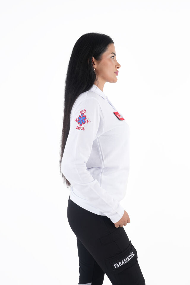 Acil Sağlık Ritimli Beyaz Lacost Uzun Kollu T-shirt (Unisex)