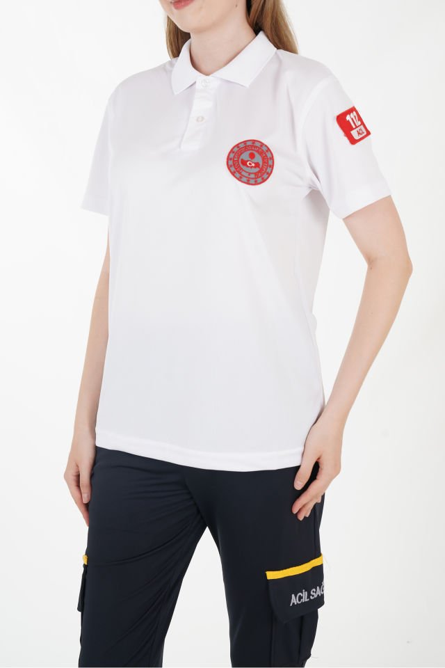 112 Acil Çağrı Merkezi Polo Yaka Beyaz Comfort T-shirt (Fileli-Unisex)