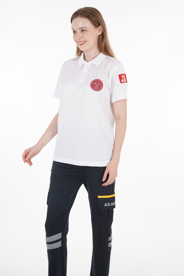 112 Acil Çağrı Merkezi Polo Yaka Beyaz Comfort T-shirt (Fileli-Unisex)