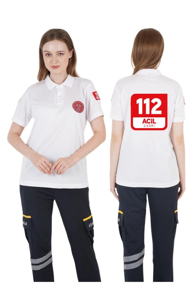 112 Acil Çağrı Merkezi Polo Yaka Beyaz Comfort T-shirt (Fileli-Unisex)