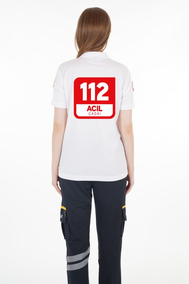 112 Acil Çağrı Merkezi Polo Yaka Beyaz Comfort T-shirt (Fileli-Unisex)