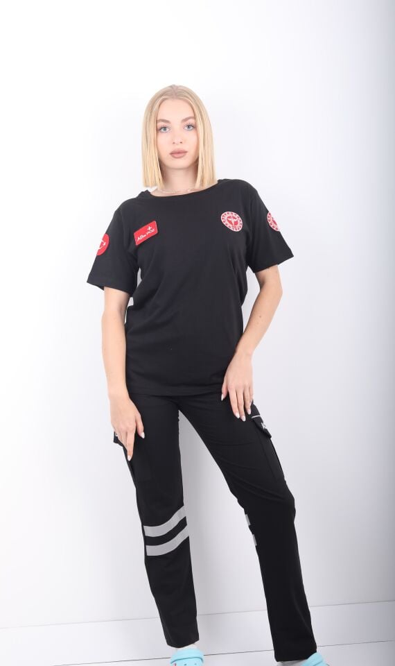 Yeni Penye Siyah Sıfır Yaka 112 Acil Sağlık T-shirt (Unisex)