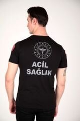 Yeni Penye Siyah Sıfır Yaka 112 Acil Sağlık T-shirt (Unisex)
