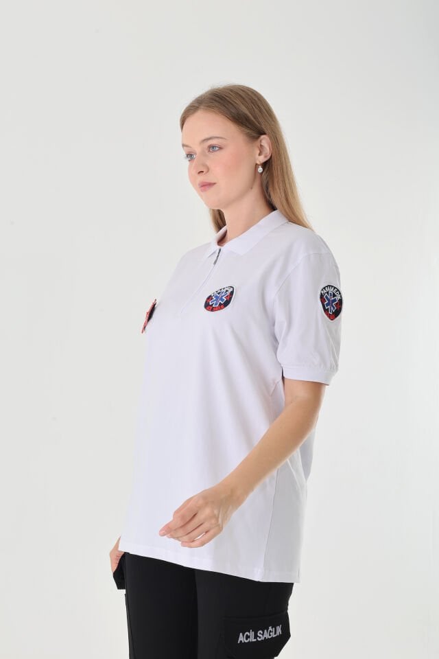 Paramedik Beyaz Fermuarlı Penye T-shirt (Unisex)