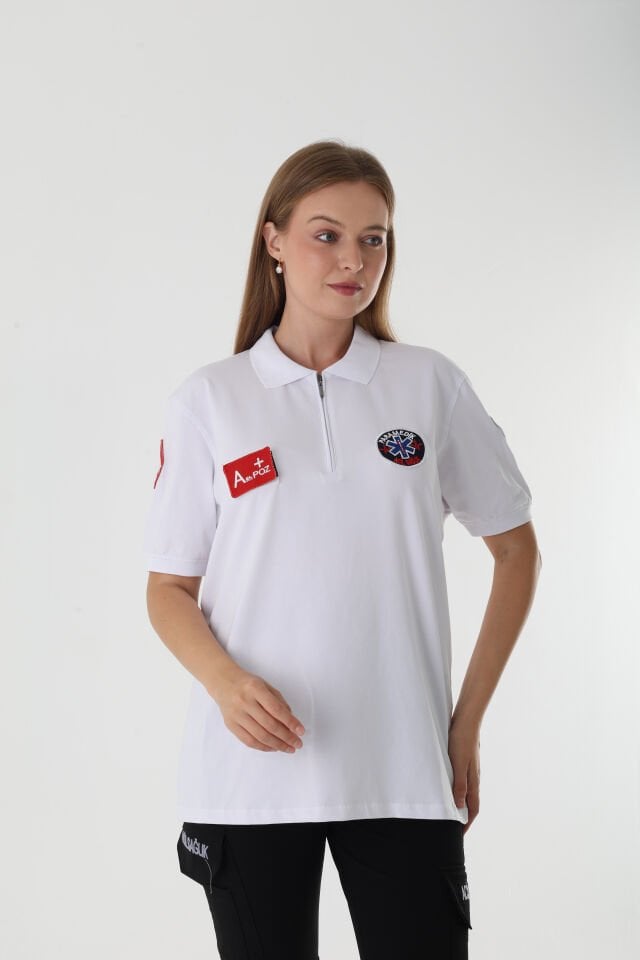 Paramedik Beyaz Fermuarlı Penye T-shirt (Unisex)