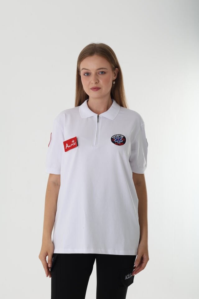 Paramedik Beyaz Fermuarlı Penye T-shirt (Unisex)