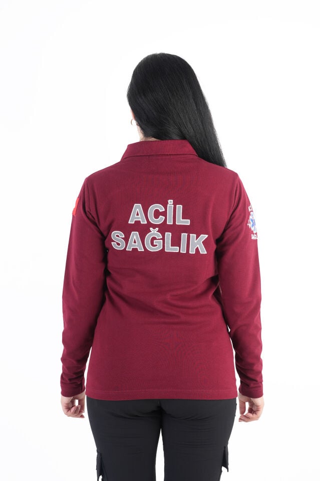 Acil Sağlık Ritimli Bordo Lacost Uzun Kollu T-shirt (Unisex)