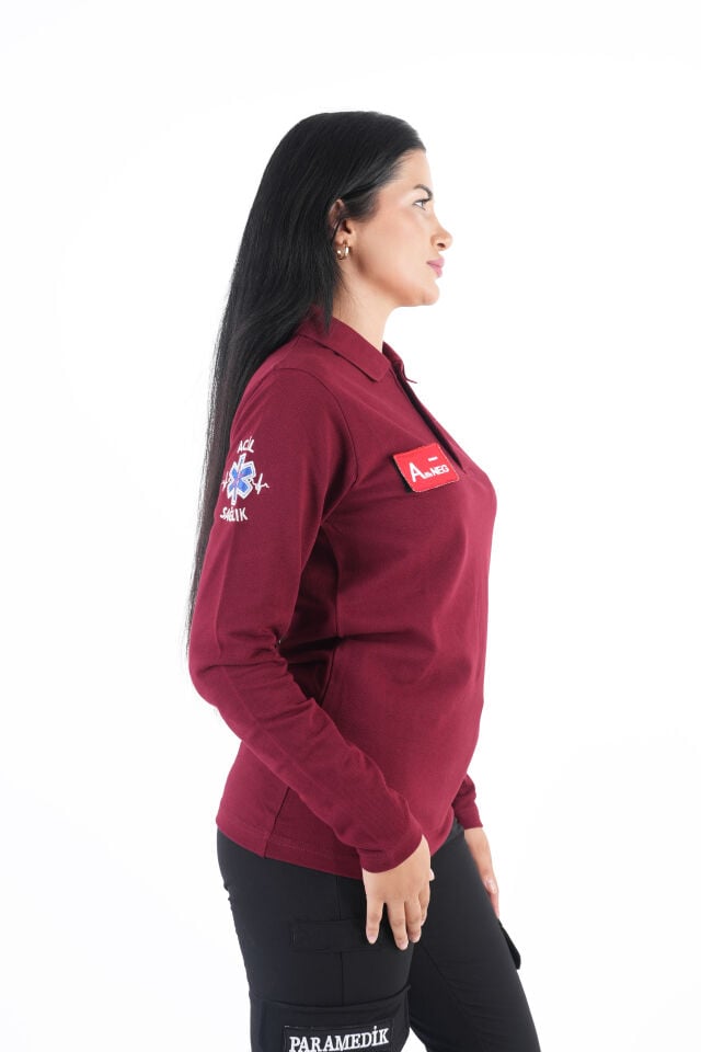 Acil Sağlık Ritimli Bordo Lacost Uzun Kollu T-shirt (Unisex)