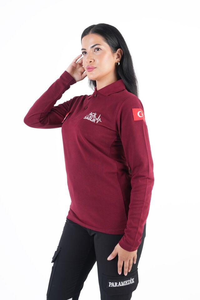 Acil Sağlık Ritimli Bordo Lacost Uzun Kollu T-shirt (Unisex)